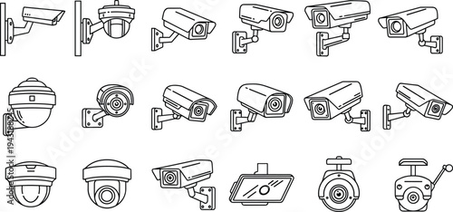 CCTV security camera icons set, surveillance monitoring system, video protection technology, line vector collection, safety equipment, outdoor camera devices, security monitoring illustration