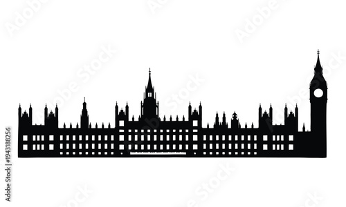 Black silhouette vector illustration of Big Ben tower in the London city skyline with classic European architecture and famous landmark cityscape