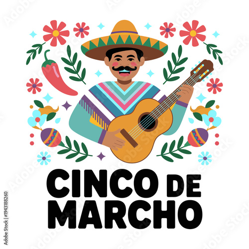 A colorful Cinco de Mayo illustration of a man with a guitar