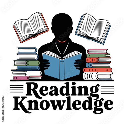 Book silhouette illustration of a person reading with stacks of books