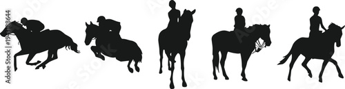 Horse riding silhouettes set with equestrian riders in various poses including galloping jumping and walking isolated on white background for sports design