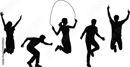 Active people jumping silhouettes set vector, fitness workout and healthy lifestyle action poses isolated illustration collection
