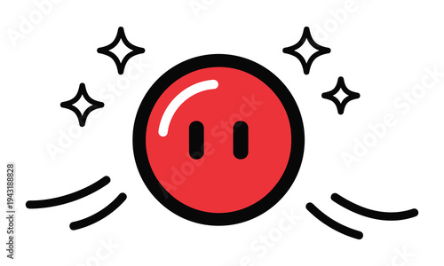 A cartoonish red pause button with sparkles and motion lines