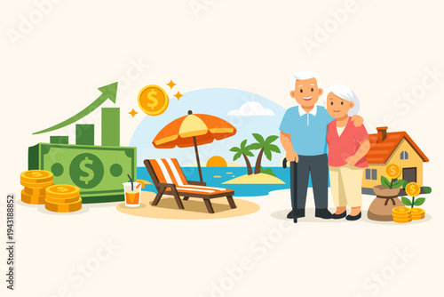 Happy Elderly Couple Enjoying Retirement with Financial Freedom, Passive Income Growth, Savings, and Investments for a Comfortable Lifestyle Including Beach Travel and Home Ownership Illustration