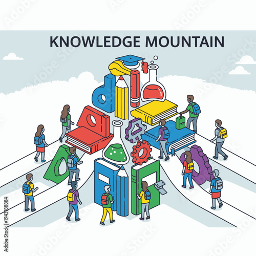Isometric vector illustration depicting students climbing a knowledge mountain made of books and educational items, symbolizing learning, growth, and academic achievement.