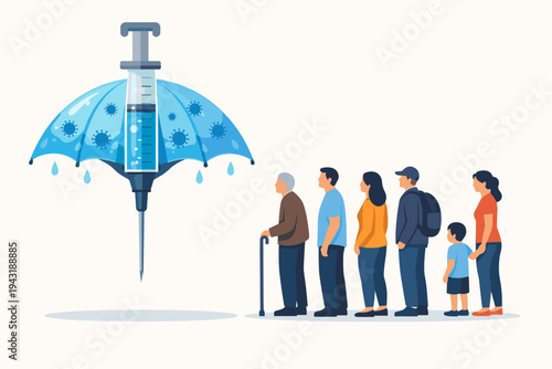 Vaccination Concept Vector Illustration of a Syringe Shaped Like an Umbrella Protecting a Diverse Group of People in Line from COVID-19 Coronavirus Infection for Immunity and Public Healthcare.