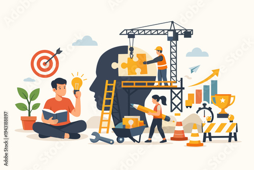 Self-development and personal growth concept with people building a human mind like a construction site. Flat vector illustration of learning, education, creativity, and skill building for success.