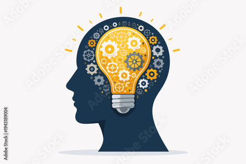 Flat Vector Illustration of a Human Head Silhouette with a Glowing Light Bulb and Cogs Inside, Symbolizing Innovation, Creative Thinking, Engineering, Mental Process, and Intellectual Power.