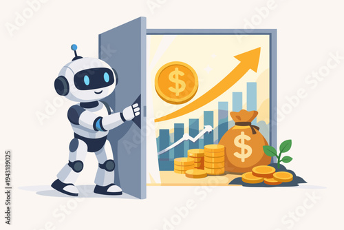AI Robot Opening Door to Financial Success and Wealth Growth, Featuring Gold Coins, Money Bag, and Upward Bar Chart, Concept of Automated Investing and Fintech Innovation, Flat Vector Illustration