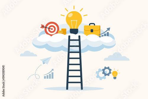 Ladder leading to a cloud with a light bulb, target, briefcase, and coins, representing business success, career advancement, innovation, and goal achievement in a flat vector design style.