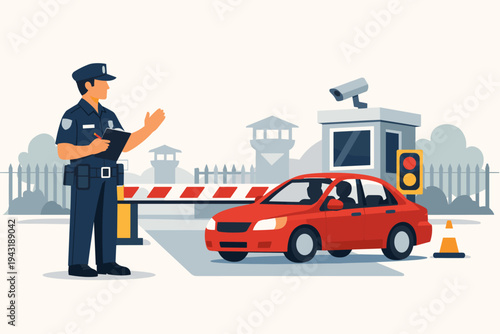 Flat vector illustration of a security guard or police officer in uniform checking a red car at a security checkpoint gate with a barrier, surveillance camera, traffic light, and guard booth.