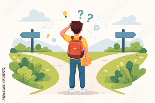 Vector illustration of a young student with a backpack and book standing at a crossroads, feeling confused while deciding which path to take for his future career and education, flat design.