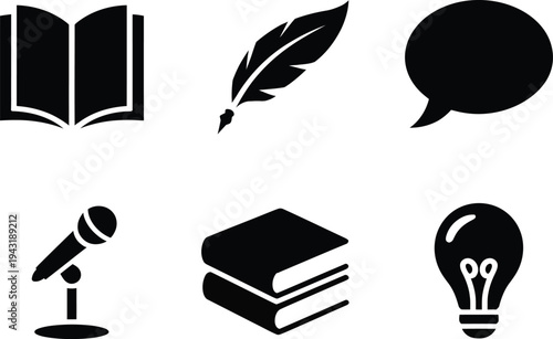 Collection of six black education and communication icons on white background open book