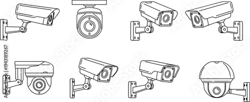 CCTV security camera outline icon set, surveillance monitoring devices collection including dome and bullet cameras, line art security system illustration
