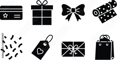 Gift icon set including credit card and shopping bag silhouette illustrations