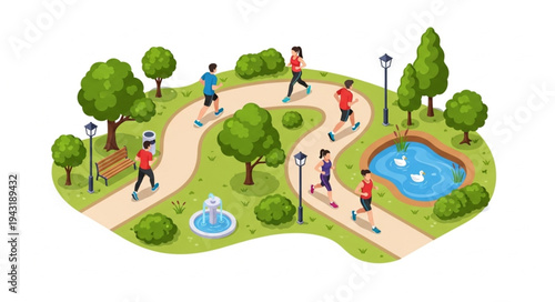 People Exercising in Park Scene.