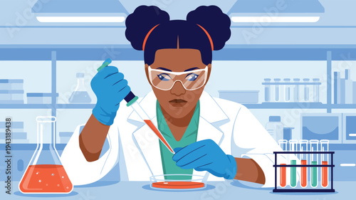 A focused female scientist conducting an experiment with a pipette in a bright laboratory environment