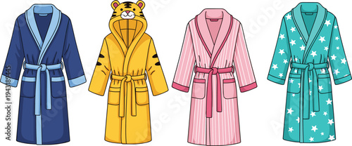 Set of cozy colorful bathrobes for children and adults including navy blue, yellow tiger hood, pink stripes, and teal star patterns, isolated on white background.