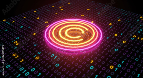 Neon copyright symbol on digital binary code background with colorful numbers and lights