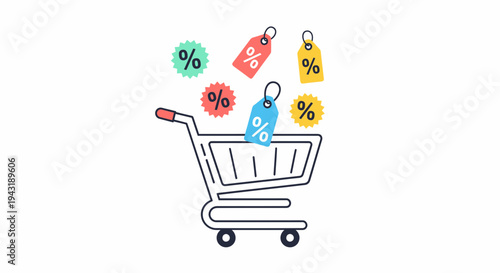 Shopping Cart Filled With Colorful Discount Tags On White Background