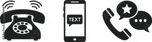 A black phone icon set including a rotary phone and smartphone