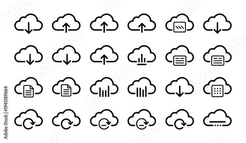 Cloud technology icons for data storage, transfer, and synchronization