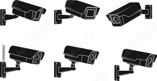 CCTV security camera silhouette set, surveillance monitoring device icons, bullet camera collection for video protection technology and security system illustration