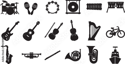 Silhouette icons of various musical instruments and vehicles on white background