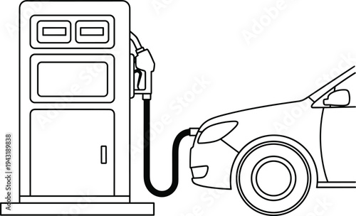 Car refueling at gas station pump with fuel nozzle connected to vehicle illustrating transportation energy supply and petroleum service concept