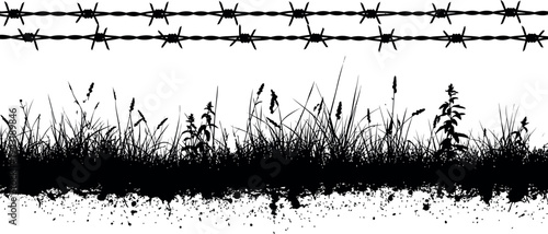 Distressed black and white silhouette illustration of wild grass and a barbed wire fence