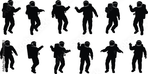 Black Astronaut Silhouettes Set Featuring Various Poses Like Floating Walking and Waving Isolated on White Background for Space Exploration and Science Fiction Design