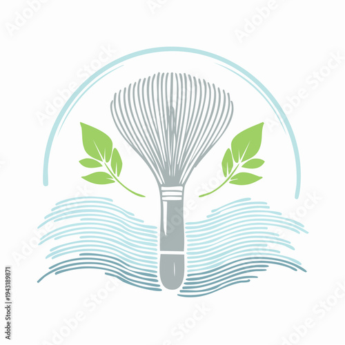 Stylized illustration of a traditional Japanese matcha tea whisk surrounded by green leaves and serene water waves, symbolizing harmony and natural balance