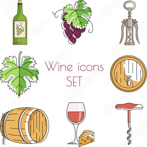 A set of flat wine icons in color on white isolated background. Winery, degustation, restaurant