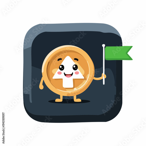 Whimsical coin character with an upward arrow and a victorious green flag symbolizes financial growth and achievement