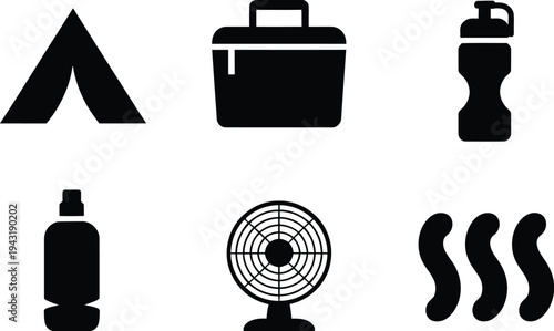 Collection of six black icons representing camping tent briefcase water bottle fan and heat waves