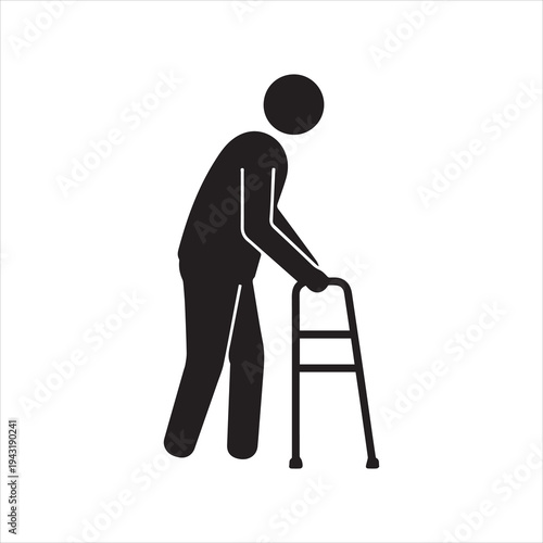Black silhouette icon of an elderly person using a walker, representing aging, support, and healthcare.