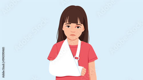 Young girl with a sad expression and a broken arm in a white sling, symbolizing injury, pain, or recovery.