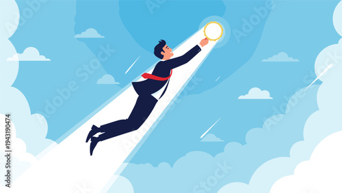 Ambitious businessman flying in a powerful beam of light, reaching confidently for a golden ring in the cloudy blue sky, symbolizing aspiration and success.