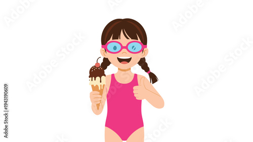 Enthusiastic young girl in a pink swimsuit and goggles happily holding an ice cream cone, giving a thumbs up for a delightful summer treat.