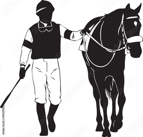 Jockey and horse silhouette vector illustration showing line art of equestrian champion