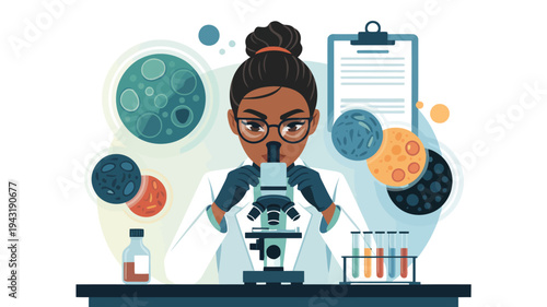 A focused female scientist in glasses and gloves observes samples under a microscope in a laboratory