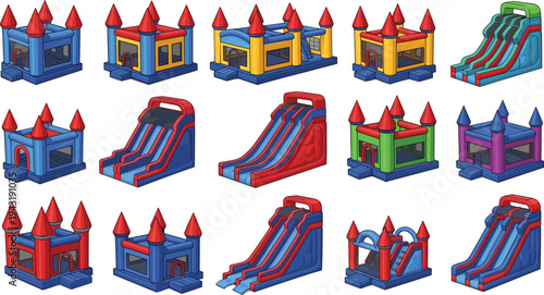Inflatable bouncy castle and slide set, kids party playground, colorful bounce house collection, inflatable amusement equipment, children fun attraction, party entertainment illustration