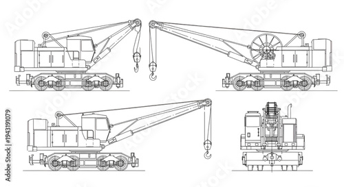 Railroad Crane AutoCAD Blueprint Vector – Railway Maintenance Machine Multi-View Technical Drawing Black Outline Isolated on White