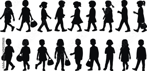 Children walking silhouettes collection with boys and girls carrying school bags kids students isolated black vector illustration