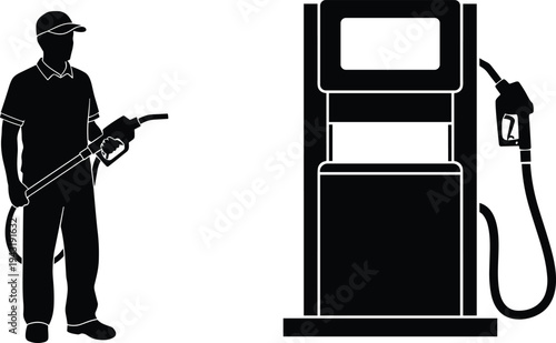 Gas station worker holding fuel nozzle beside gasoline pump dispenser silhouette icon representing petroleum refueling service and energy industry concept