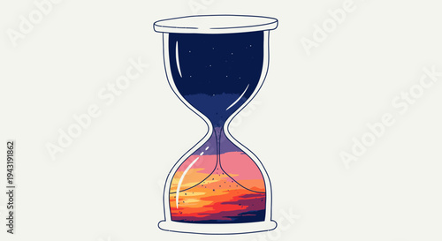 Hourglass with night sky and sunset landscape inside, symbolizing time passing and the cycle of day and night.