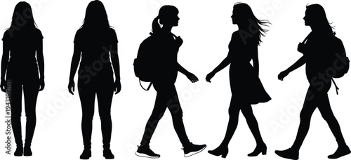 Set of walking woman silhouettes in different poses including student with backpack illustrating lifestyle, movement, fashion and daily activity