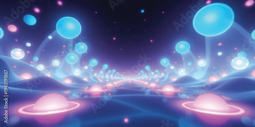 Futuristic Abstract Digital Landscape with Glowing Neon Blue and Pink Orbs 3D Rendered Sci-Fi Cyberpunk Background Art