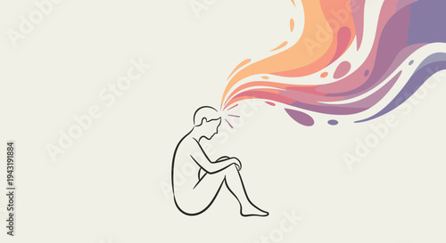 Silhouette of a person with colorful abstract shapes emanating from their head, representing creativity and imagination