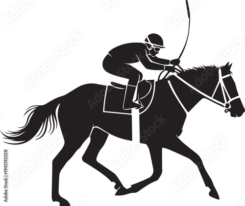 Jockey riding racehorse with whip during equestrian competition vector silhouette illustration